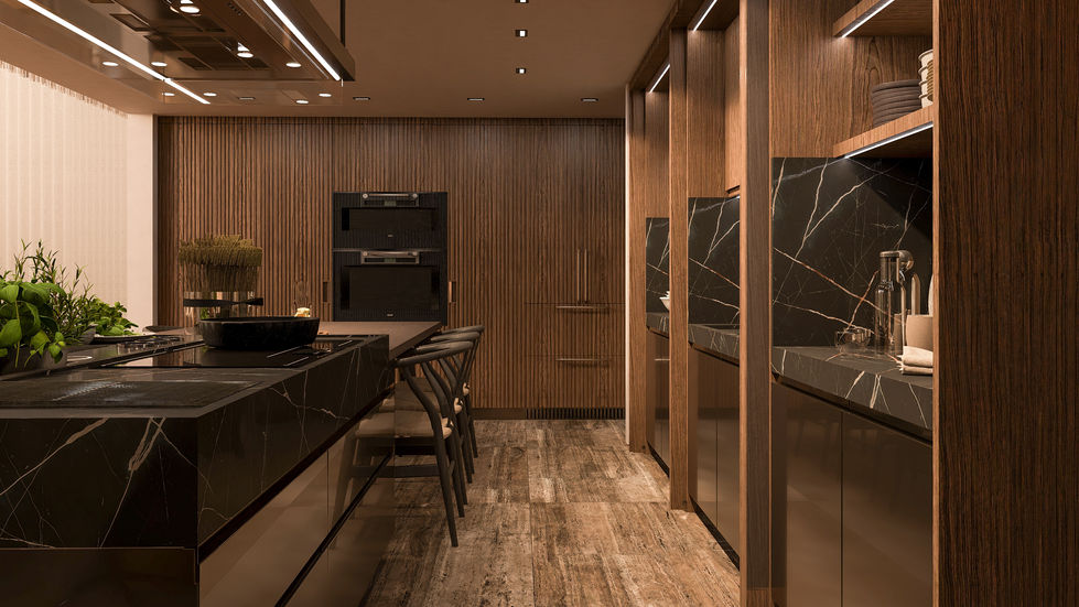 Luxury contemporary kitchen featuring custom walnut cabinetry, natural stone countertops, integrated appliances, and a centra