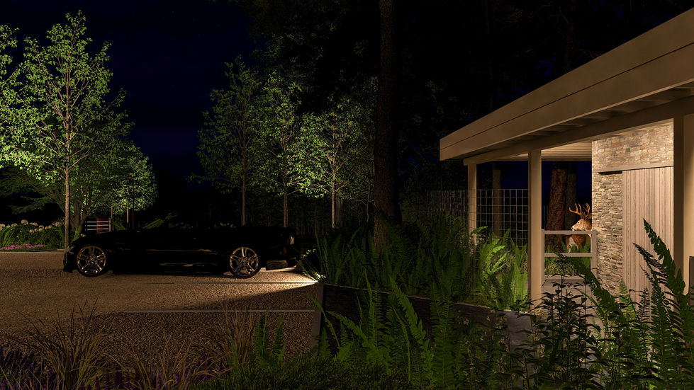 Luxury residential architecture at night showcasing integrated lighting design, illuminated landscapes, natural stone materia