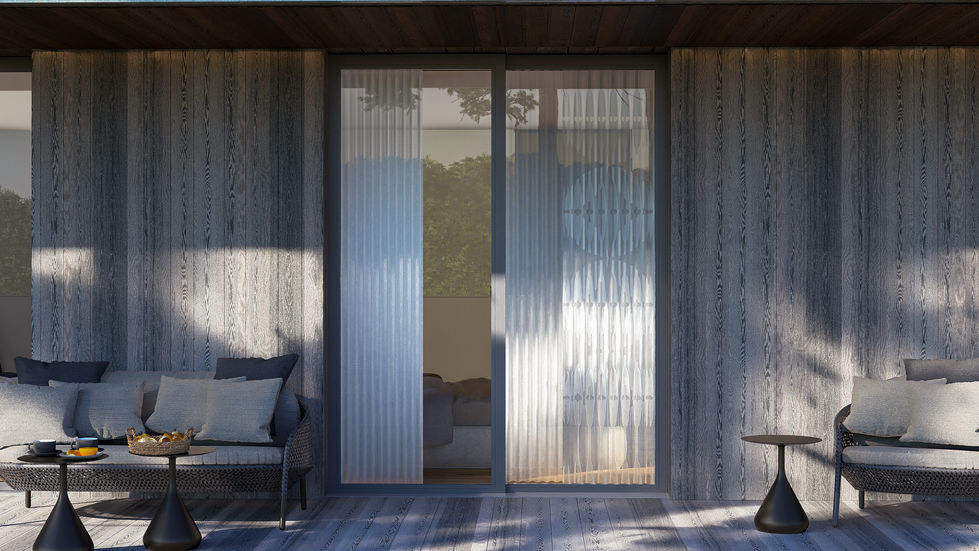 Luxury residential bedroom wing featuring three private suites connected by a floating deck, floor-to-ceiling glazing, natura