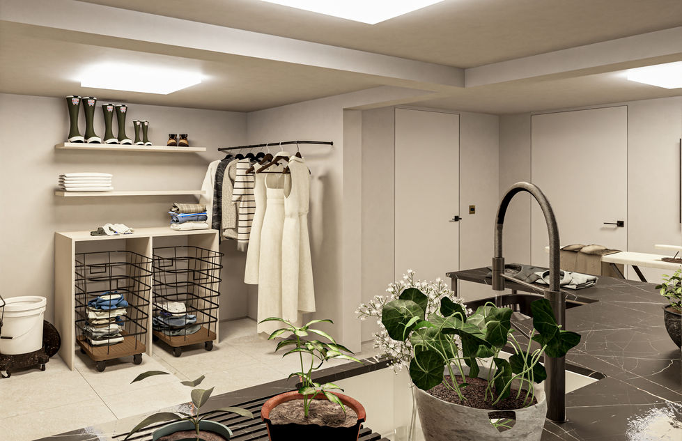 Luxury laundry room featuring custom cabinetry, integrated washer and dryer units, folding stations, linen storage, ironing a