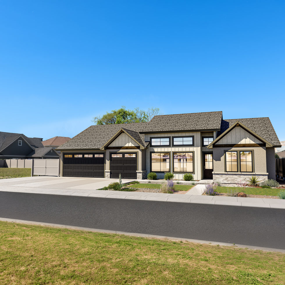 Photorealistic exterior rendering of a new home at 1110 Coal Gulch Drive in Fruita, Colorado.
