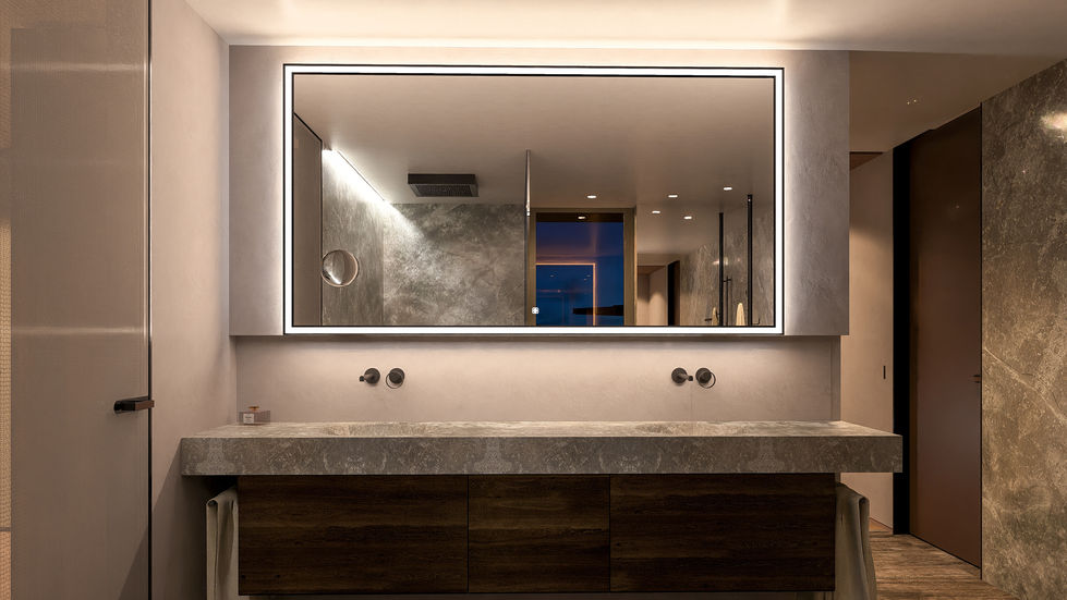 Luxury master bathroom featuring a freestanding translucent stone bathtub, floor-to-ceiling natural stone walls, walk-in shower, and private landscaped courtyard views.
