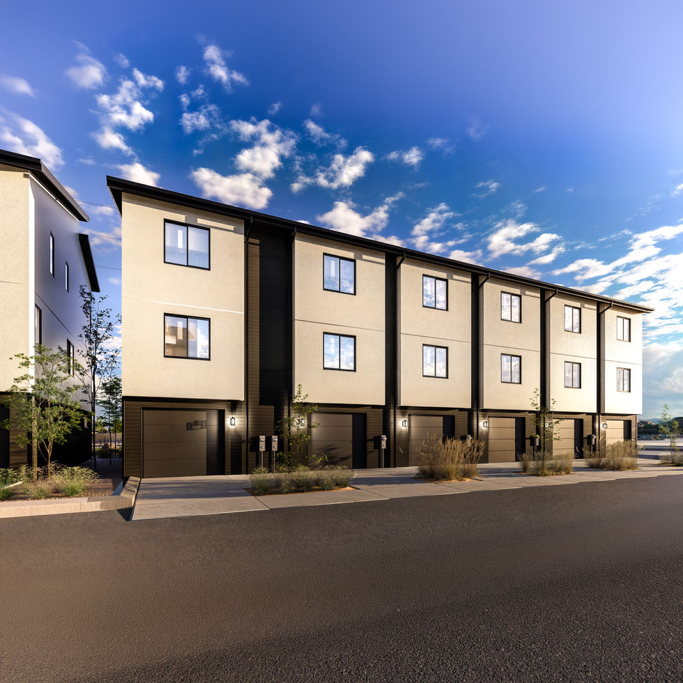 Photorealistic exterior rendering of Crawford Row townhomes in Grand Junction, Colorado, created for new construction real es