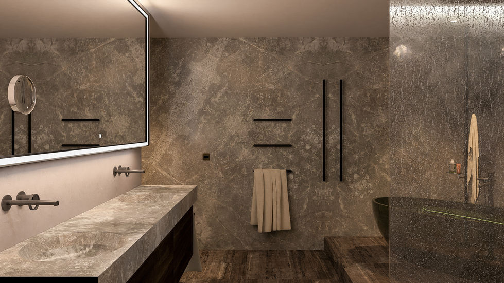 Luxury master bathroom featuring a freestanding translucent stone bathtub, floor-to-ceiling natural stone walls, walk-in shower, and private landscaped courtyard views.