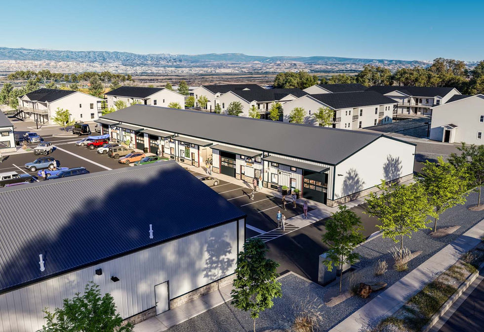 Commercial development rendering of The Adelynn in Delta, Colorado, featuring contemporary multi-tenant architecture, pedestr