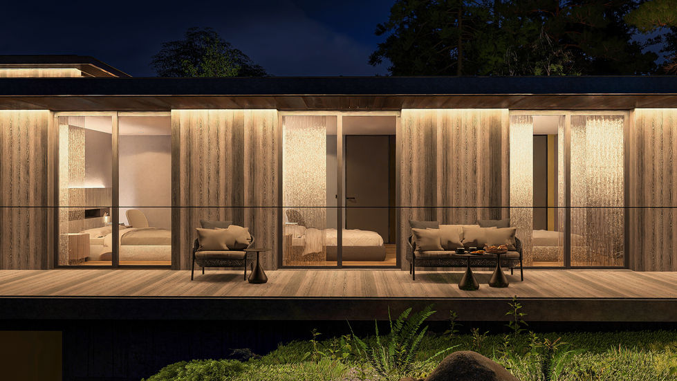 Contemporary bedroom wing illuminated at dusk with floating terraces, warm interior lighting, natural stone walls, and surrou