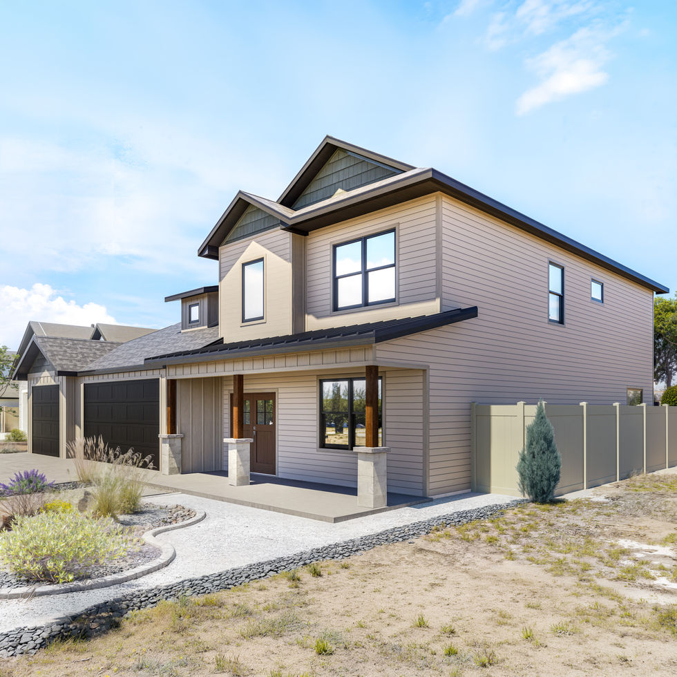 Photorealistic exterior rendering of 2358 Honeycrisp Drive, a new residential home in Grand Junction, Colorado.