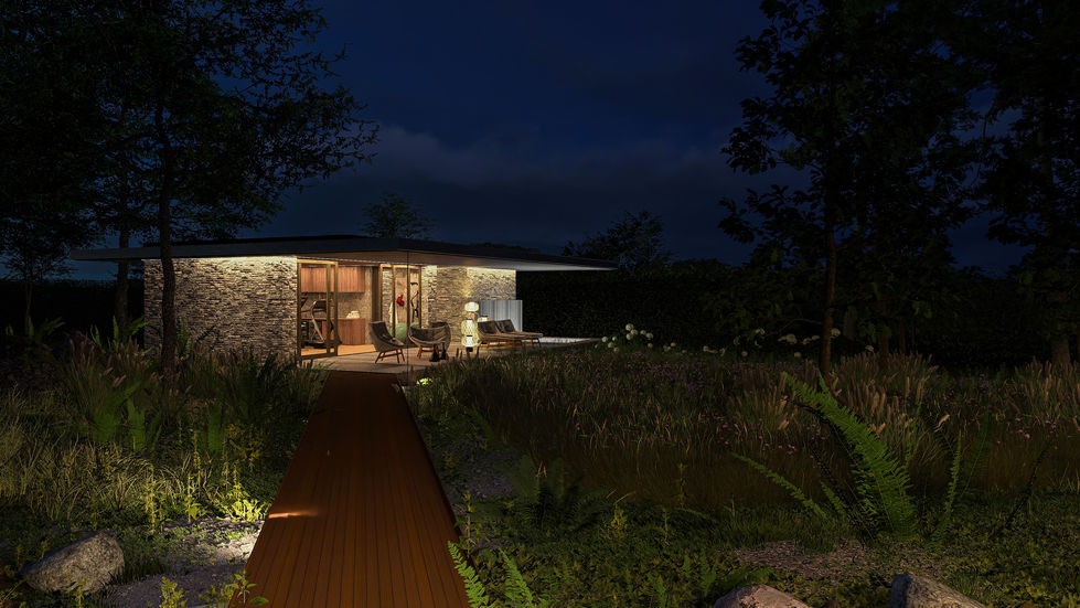 Luxury wellness pavilion connected by a floating corten steel bridge crossing a meadow-inspired landscape with native planting, contemporary stone architecture, and private outdoor living space