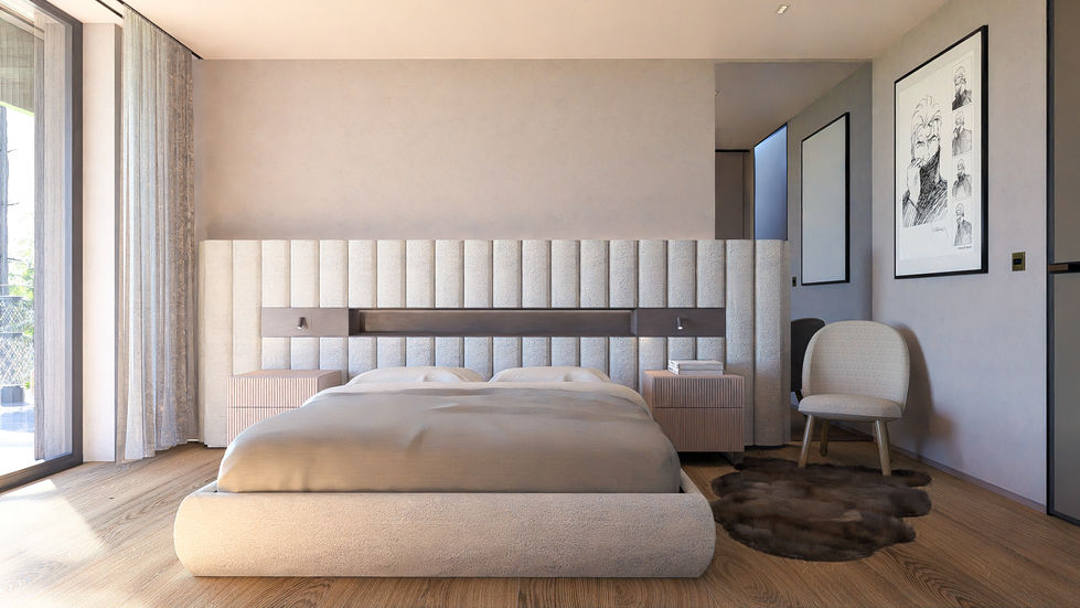 Luxury bedroom suite featuring custom upholstered headboard, integrated lighting, bespoke millwork, contemporary furnishings,