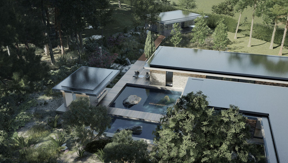 Aerial rendering of a luxury forest residence featuring contemporary architecture, swimming pool, landscaped gardens, outdoor