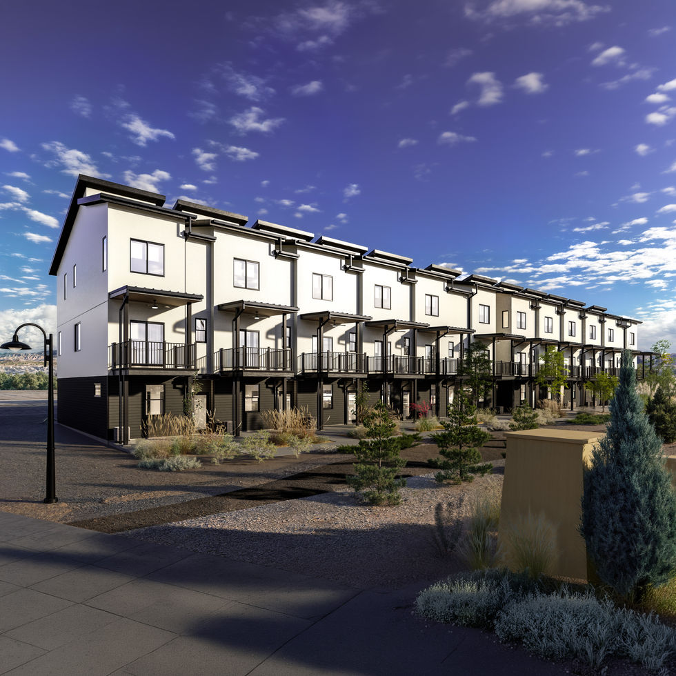 Photorealistic exterior rendering of Crawford Row townhomes in Grand Junction, Colorado, created for new construction real es