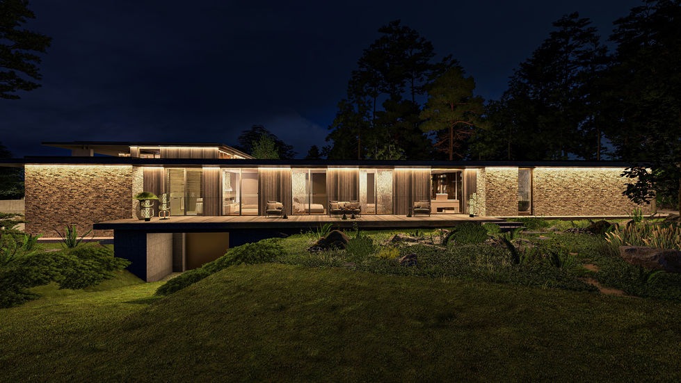 Contemporary bedroom wing illuminated at dusk with floating terraces, warm interior lighting, natural stone walls, and surrou
