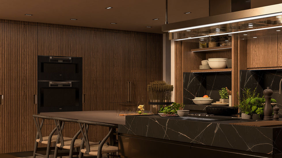 Luxury contemporary kitchen featuring custom walnut cabinetry, natural stone countertops, integrated appliances, and a centra