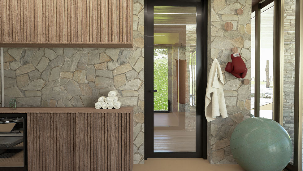Luxury residential fitness pavilion featuring natural stone walls, custom millwork, professional exercise equipment, and floor-to-ceiling glazing overlooking landscaped courtyards.