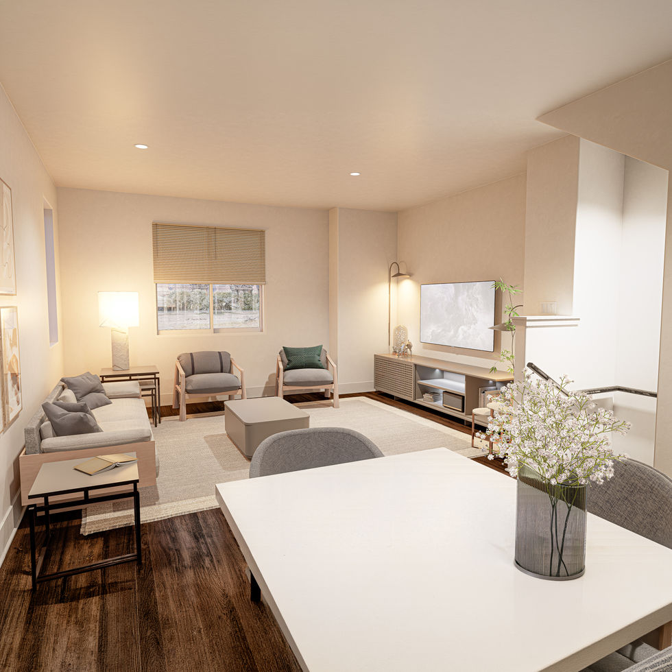 Photorealistic interior rendering of an open-concept living room and kitchen at Crawford Row in Grand Junction, Colorado.