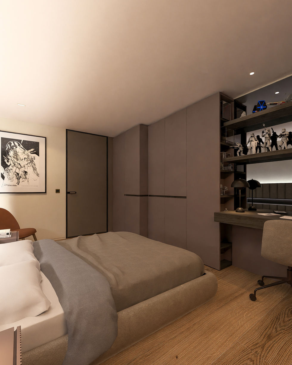 Luxury bedroom suite featuring custom upholstered headboard, integrated lighting, bespoke millwork, contemporary furnishings,