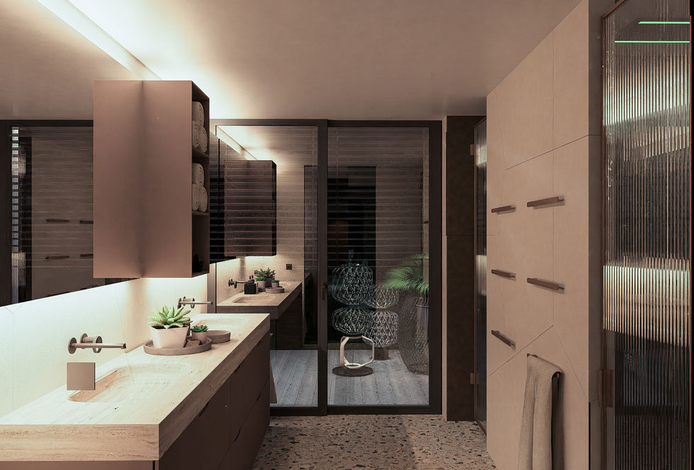 Luxury family bathroom featuring a custom double vanity, integrated lighting, geometric wall panels, and mirrored twin shower