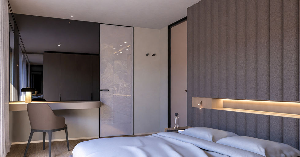 Luxury guest suite overlooking a private xeriscape garden with dwarf pines, natural boulders, floor-to-ceiling glazing, and c