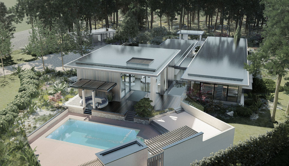 Aerial rendering of a luxury forest residence featuring contemporary architecture, swimming pool, landscaped gardens, outdoor