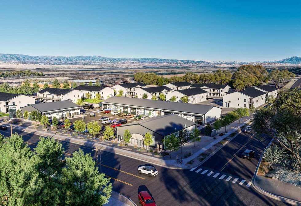 Commercial development rendering of The Adelynn in Delta, Colorado, featuring contemporary multi-tenant architecture, pedestr