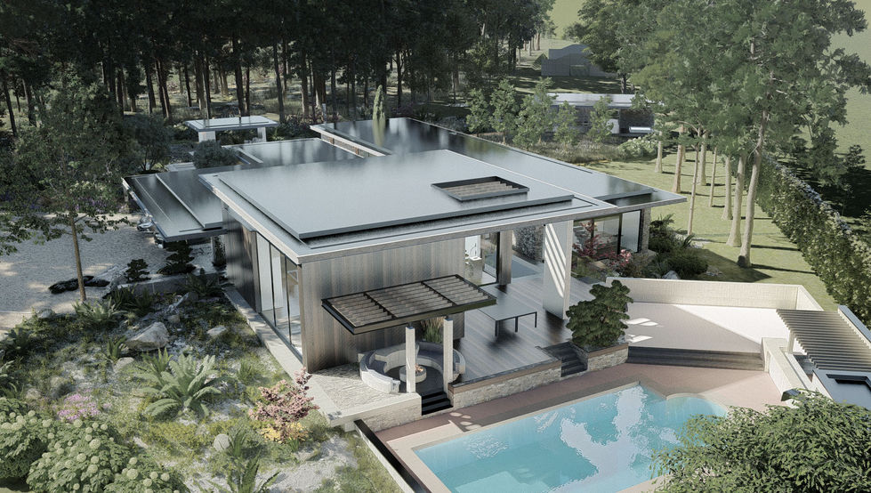 Aerial rendering of a luxury forest residence featuring contemporary architecture, swimming pool, landscaped gardens, outdoor