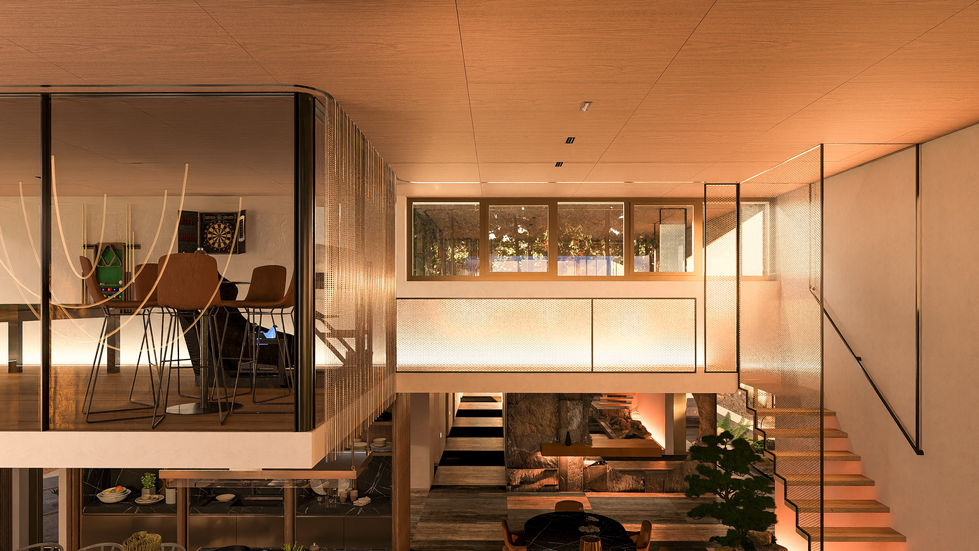 Luxury mezzanine game room overlooking a double-height living space, featuring metal mesh railings, custom nickel ring curtains, contemporary furnishings, and elevated architectural views.