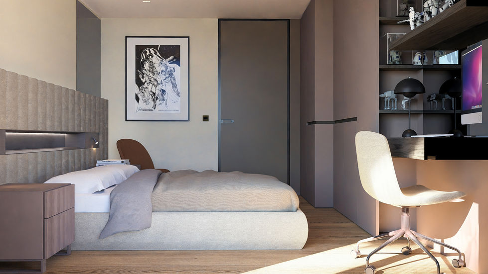Luxury bedroom suite featuring custom upholstered headboard, integrated lighting, bespoke millwork, contemporary furnishings,