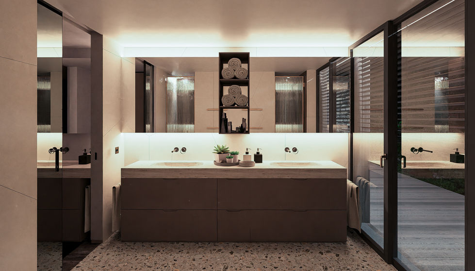 Luxury family bathroom featuring a custom double vanity, integrated lighting, geometric wall panels, and mirrored twin shower