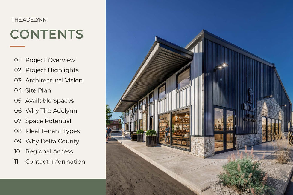 Marketing booklet and exhibit panel design for The Adelynn commercial development in Delta, Colorado.