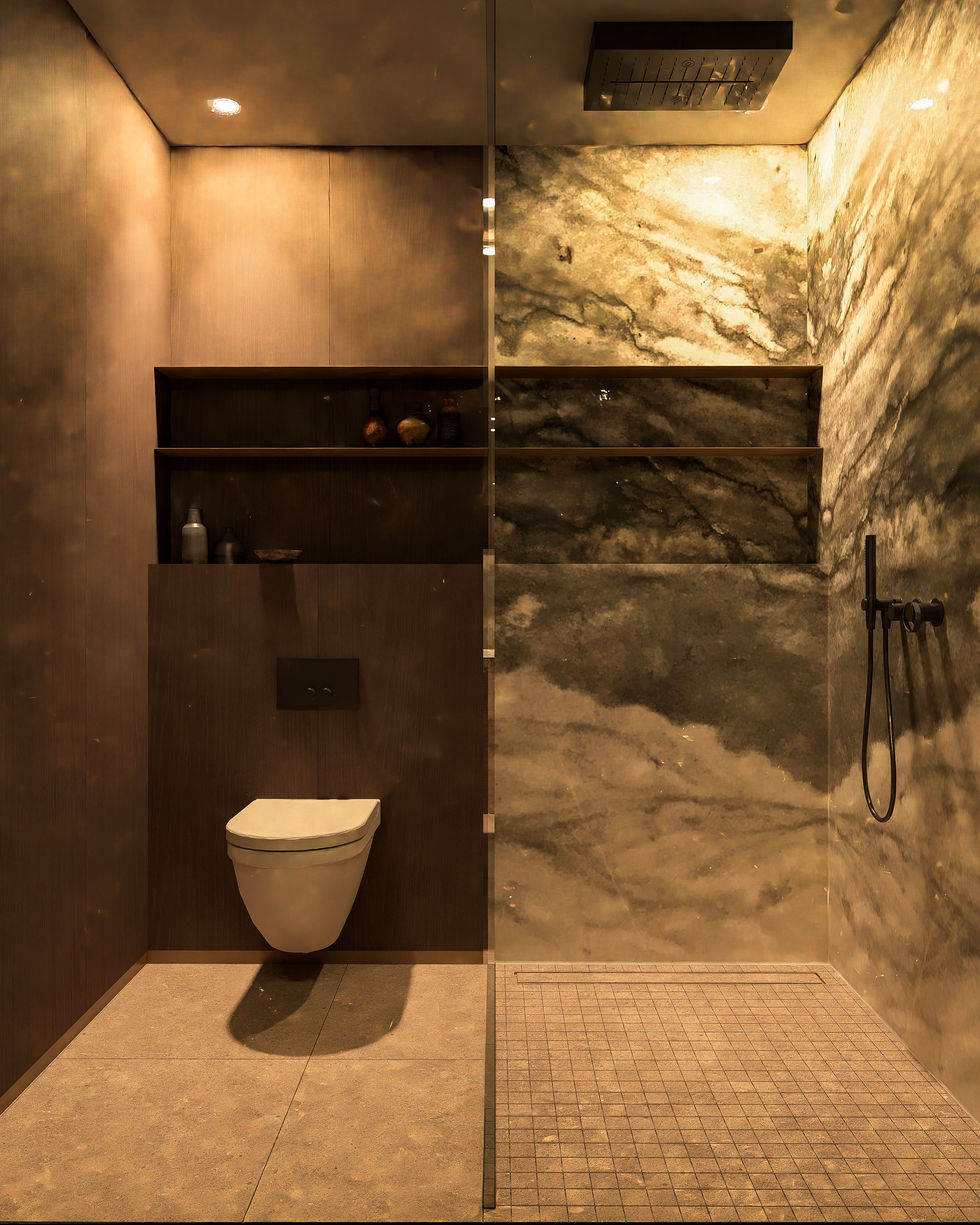 Luxury guest suite overlooking a private xeriscape garden with dwarf pines, natural boulders, floor-to-ceiling glazing, and c