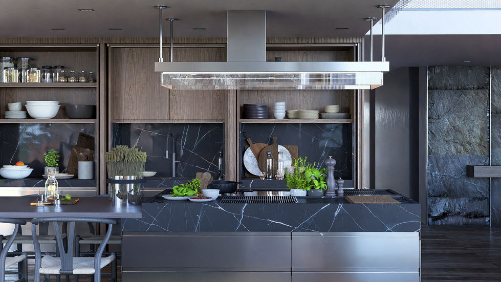 Luxury contemporary kitchen featuring custom walnut cabinetry, natural stone countertops, integrated appliances, and a central island within an open-plan residential interior.