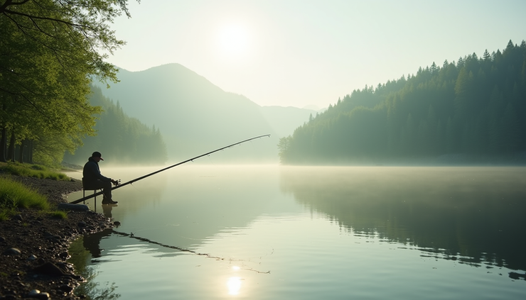 Eye-level view of a calm lake surrounded by trees with a single fishing rod set up on the shore