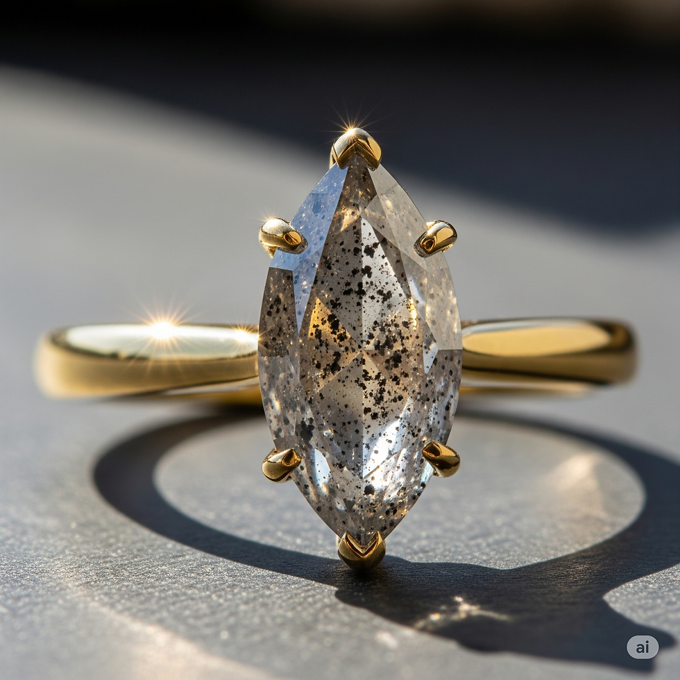 Gold ring with a marquise-cut salt and pepper diamond sparkles in sunlight on a gray surface, creating a luxurious, elegant feel.