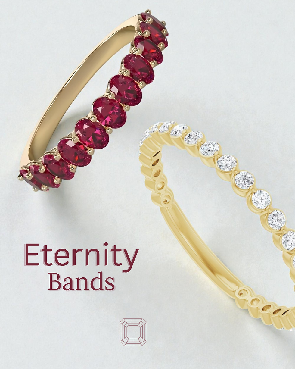 Two gold eternity bands on a light background; one with red stones, the other with clear stones. Text reads "Eternity Bands" below. Elegant mood.