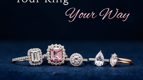 Five rings with various custom engagement rings on a navy background. Text reads "Your Ring, Your Way" in white and pink. Elegant and luxurious mood.