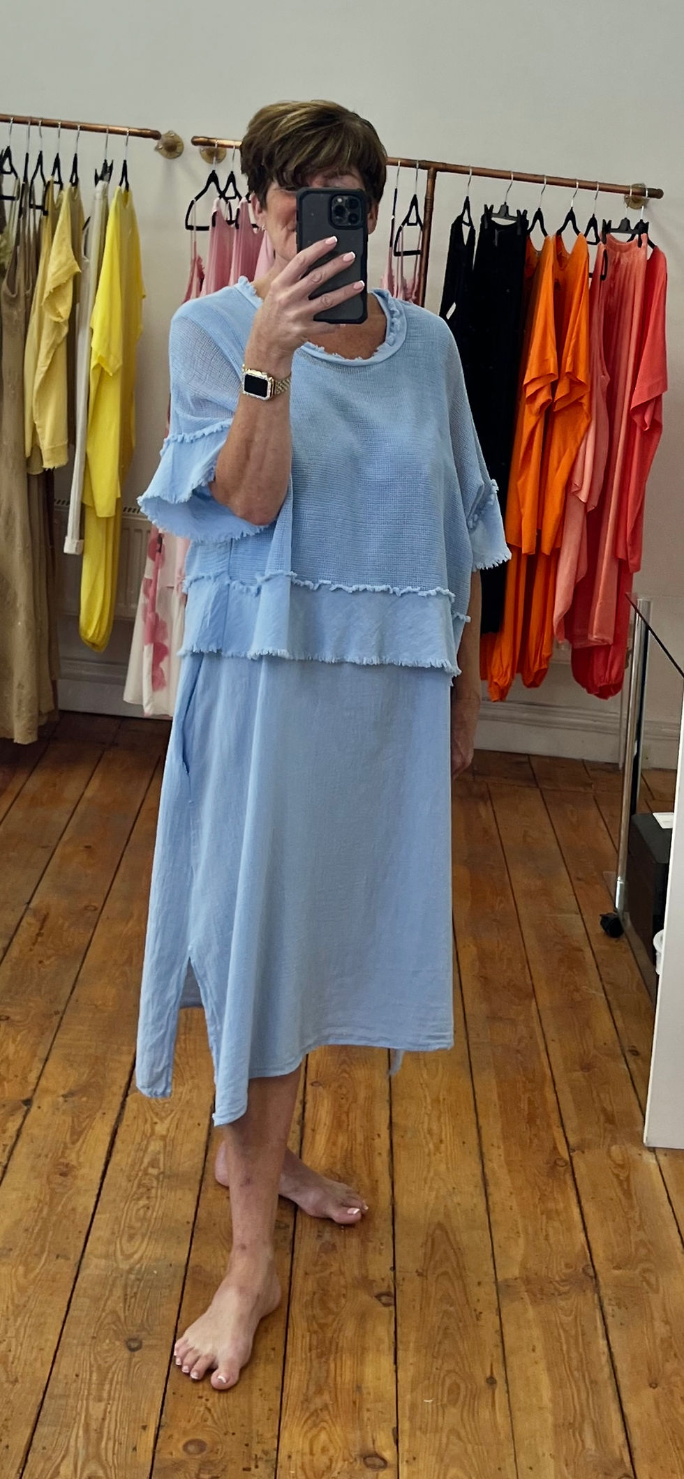 2 Piece Linen Cotton Blend Frayed Edge Dress