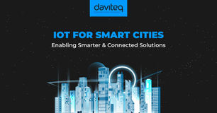 Futuristic city skyline under stars with glowing elements. Text reads: "IoT for Smart Cities: Enabling Smarter & Connected Solutions." Logo above.