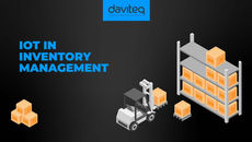 Forklift lifting boxes near shelves in a warehouse. Text: "IoT in Inventory Management" in bold blue. Logo above. Dark background.