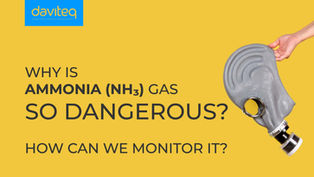 Hand holding a gray gas mask on yellow background with text: "Why is ammonia (NH3) gas so dangerous? How can we monitor it?"