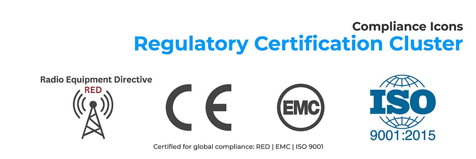 Icons for compliance: RED, CE, EMC, ISO 9001:2015 on a white background. Text: Regulatory Certification Cluster. Blue, black text.