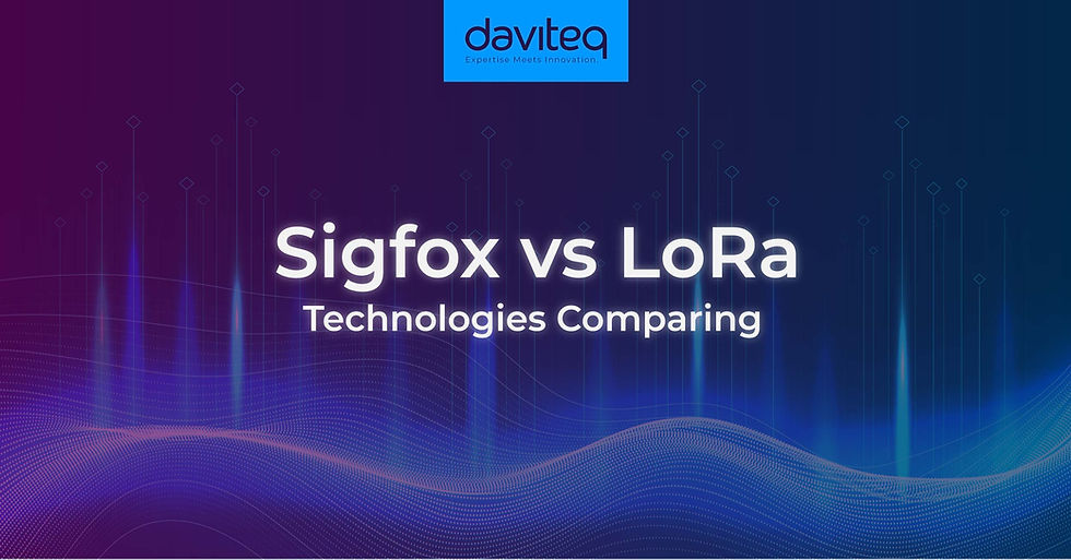 Gradient background with blue waves and digital elements. Text: "Sigfox vs LoRa Technologies Comparing." Daviteq logo at top.