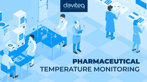 Lab workers in blue and white coats handle lab equipment in a clean, blue-hued room. Text reads "PHARMACEUTICAL TEMPERATURE MONITORING."