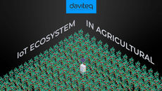 Agricultural field with a white solar-powered device among green and red plants. Text reads “IoT Ecosystem in Agricultural” and “daviteq.”