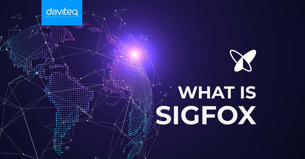 Digital globe with networking dots and lines on a dark background. Text: "WHAT IS SIGFOX." Blue logo reads "Daviteq: Expertise Meets Innovation."