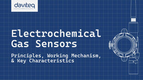 Blue grid background with white text: "Electrochemical Gas Sensors - Principles, Working Mechanism, & Key Characteristics." White sensor diagram on right.