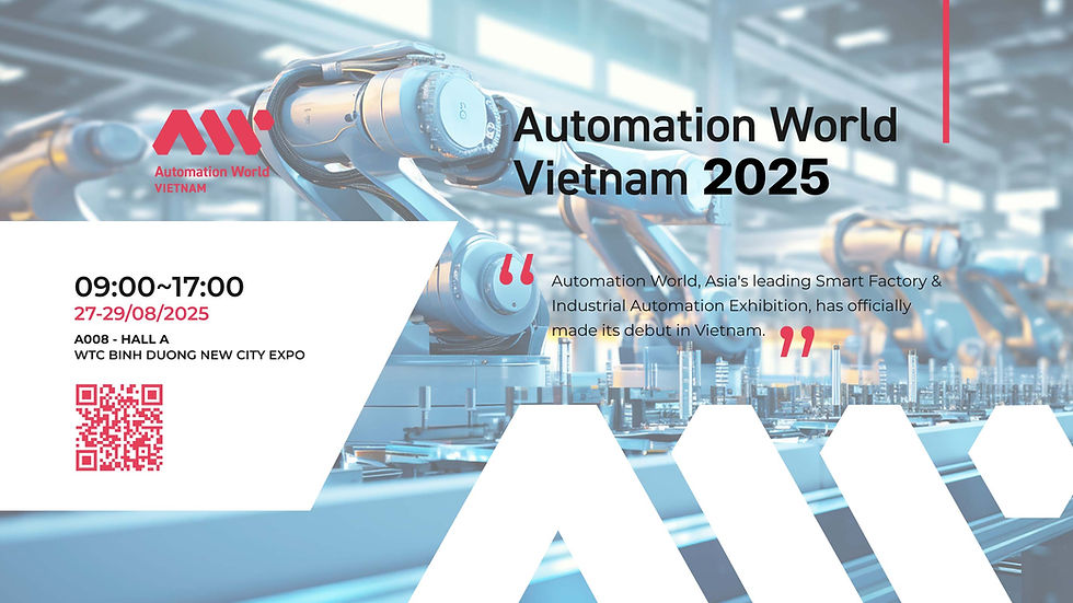 Robotic arms in a factory setting with text: "Automation World Vietnam 2025." Event details: Aug 27-29, 2025, WTC Binh Duong.