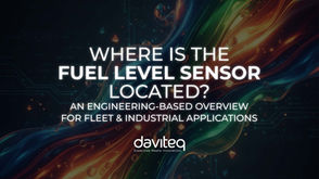 Text reads "Where is the Fuel Level Sensor Located?" with colorful waves and geometric shapes in the background. Mood is dynamic and tech-focused.