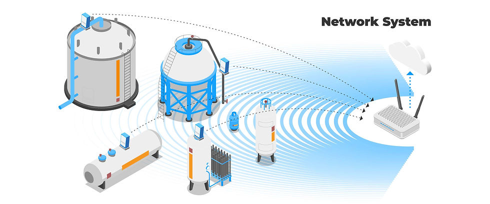 Network system illustration with tanks and devices linked by dotted lines to a Wi-Fi router. Blue concentric circles suggest data flow.
