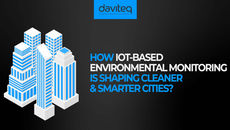 Stylized blue and white cityscape on black background. Text: "How IoT-based Environmental Monitoring Is Shaping Cleaner & Smarter Cities?"