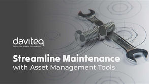 Wrench and bolt on technical drawings. Text: "daviteq - Expertise Meets Innovation. Streamline Maintenance with Asset Management Tools."